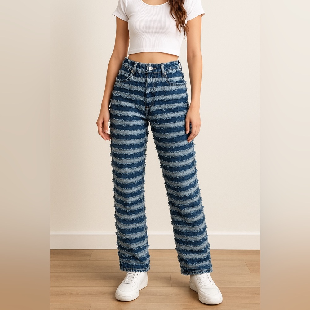 Frayed Striped Denim Jeans – W30 / Small